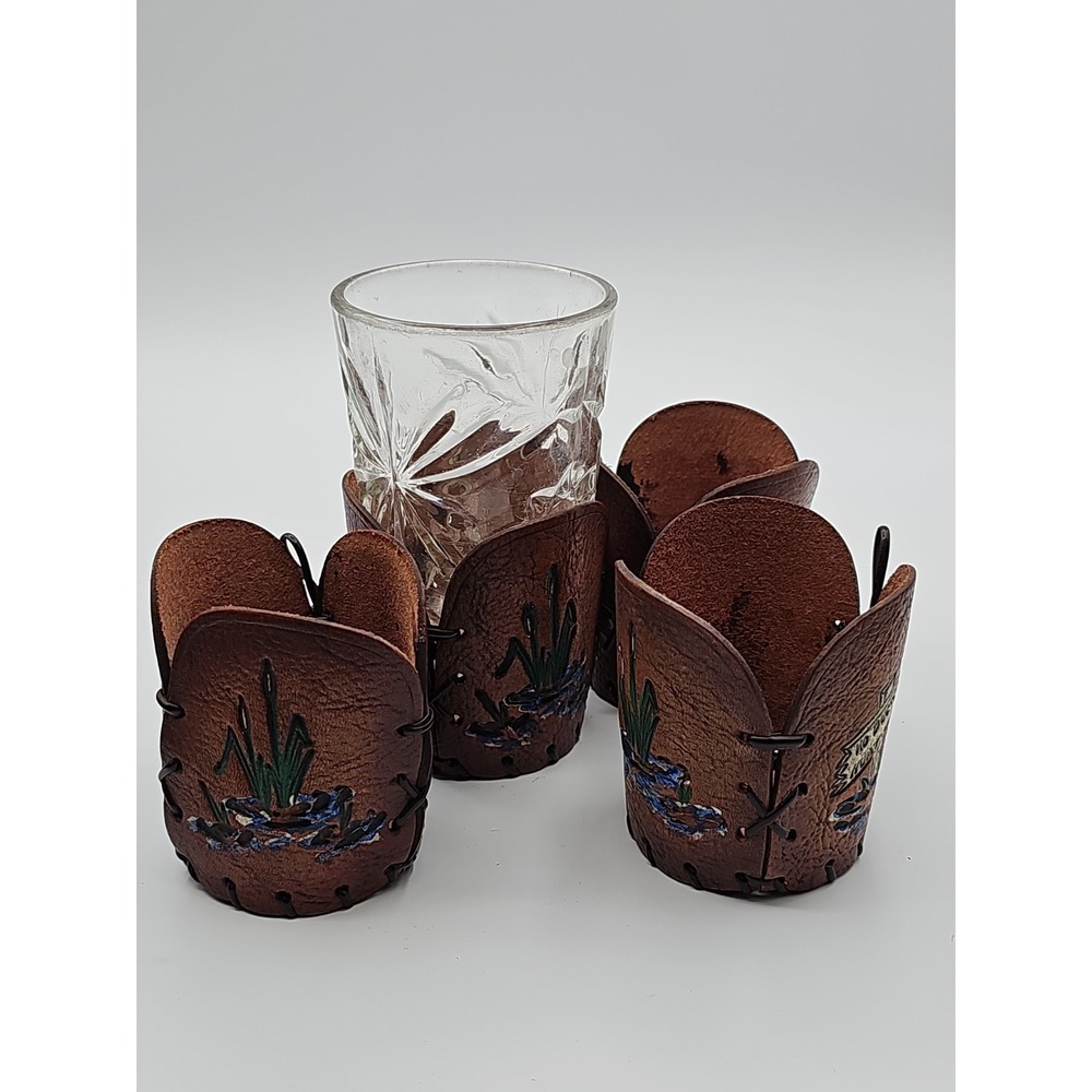 Vintage Set of 4 Tooled Leather Drinking Glass Holders Mallard Duck Hunting Cups